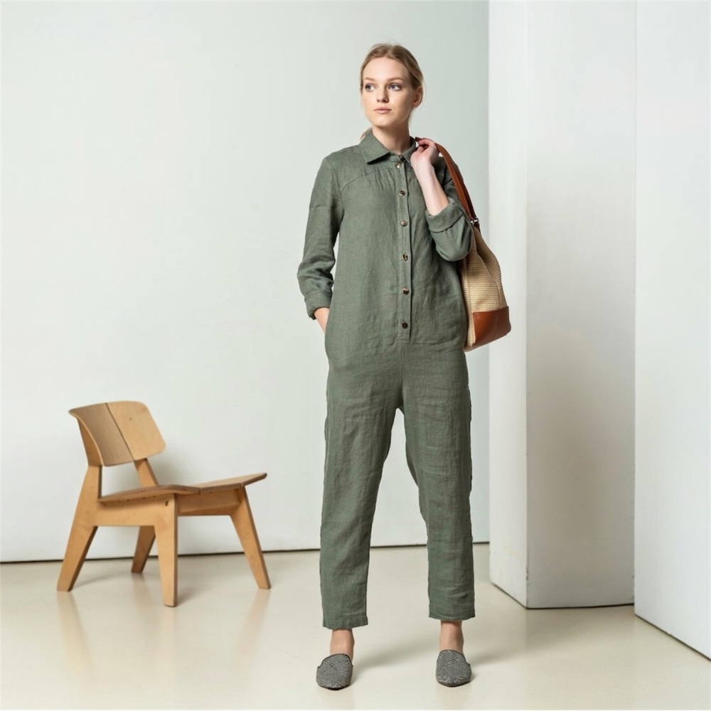 LINEN ID Sage Green Linen Jumpsuit – Relaxed Fit Button Front, Size Small (4–6)